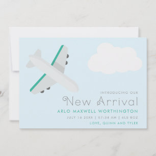 Modern Blue & White Airplane Baby Boy Birth Ankündigung