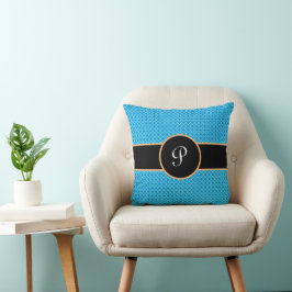 Modern Blue White Black Monogram Quatrefoil Kissen