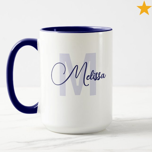Modern Blue White Custom Name Cursive Monogram Tasse (Von Creator hochgeladen)