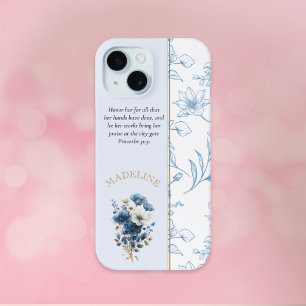 Modern Blue White Floral Bible Verse Case-Mate iPhone Hülle