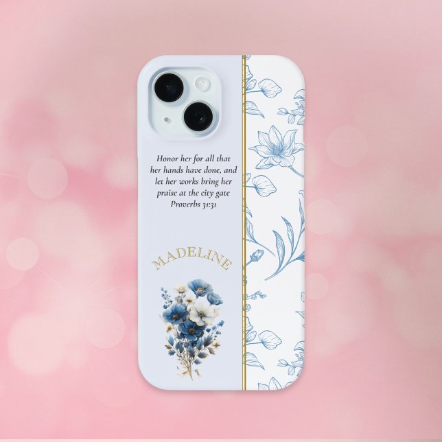 Modern Blue White Floral Bible Verse Case-Mate iPhone Hülle (Von Creator hochgeladen)