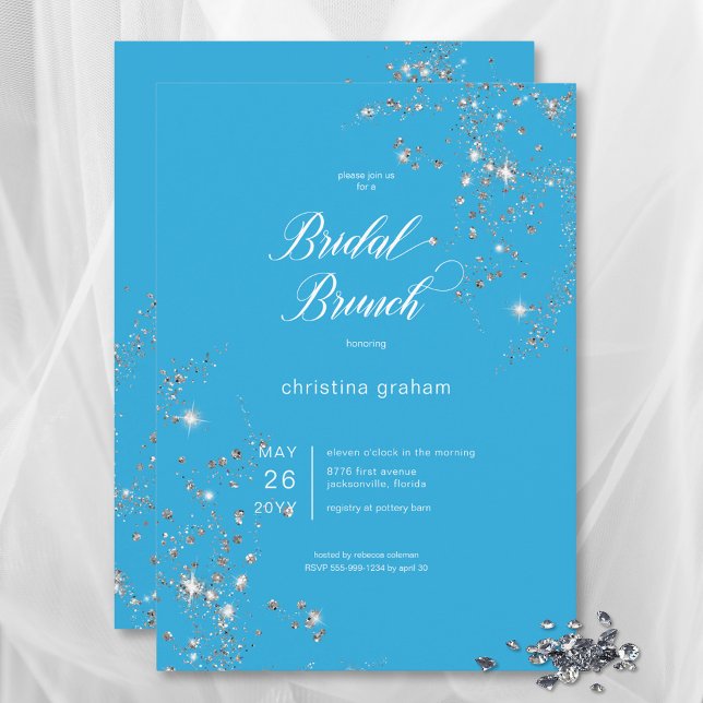 Modern Blue & White Glam Diamonds Bridal Brunch Einladung (Modern Blue & White Glam Diamonds Bridal Brunch Invitation)