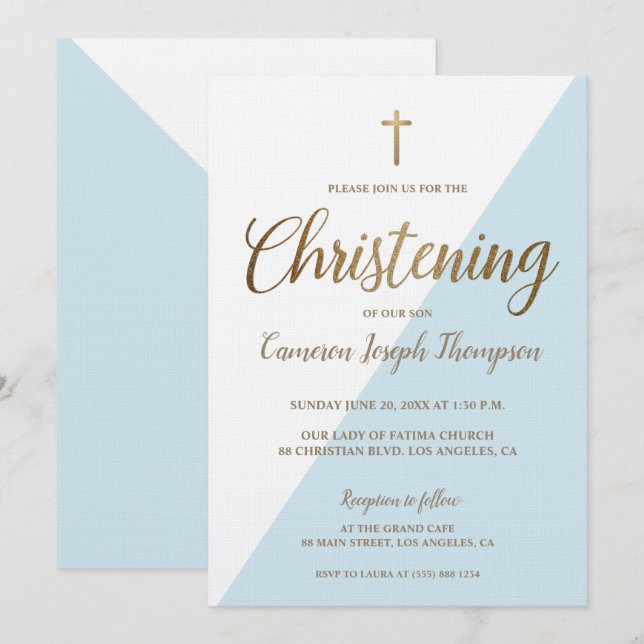 Modern Blue White Gold Christening Baby Boy Einladung (Vorne/Hinten)