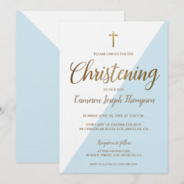 Modern Blue White Gold Christening Baby Boy Einladung