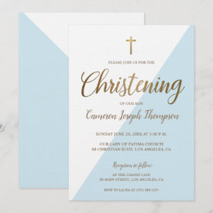 Modern Blue White Gold Christening Baby Boy Einladung