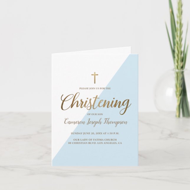 Modern Blue White Gold Christening Baby Boy Einladung (Vorderseite)