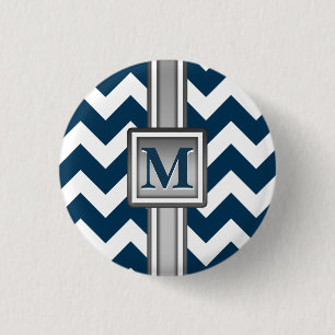 Modern Blue White Gray Mit Monogramm Zickzack Button