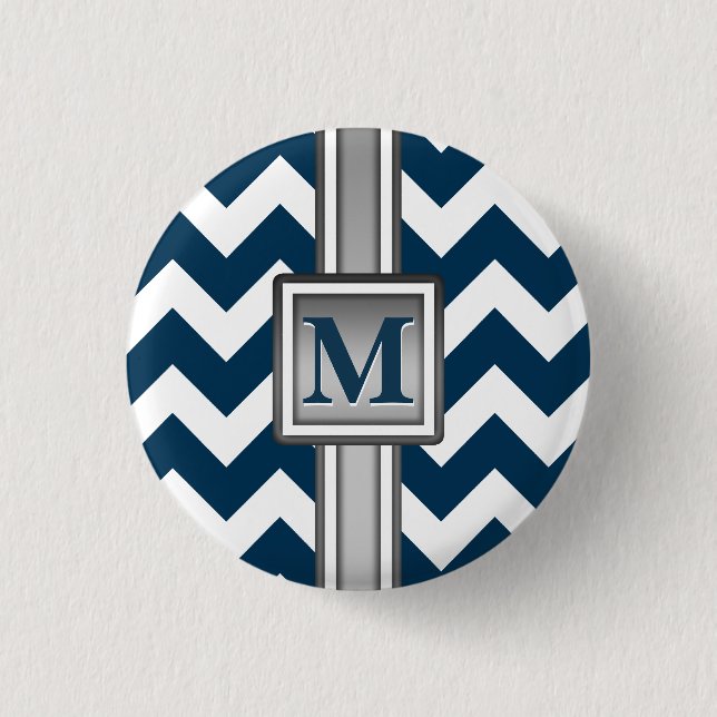 Modern Blue White Gray Mit Monogramm Zickzack Button (Vorderseite)