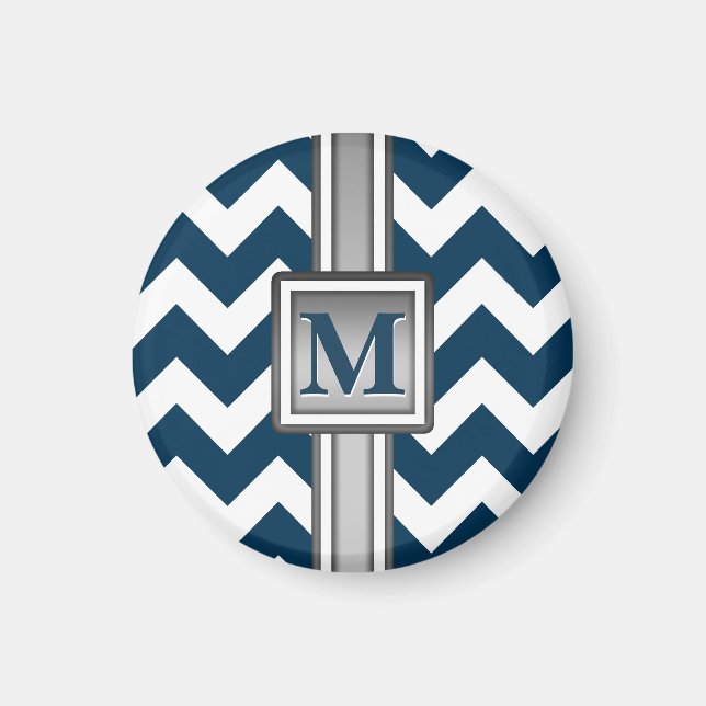 Modern Blue White Gray Mit Monogramm Zickzack Magnet (Vorne)