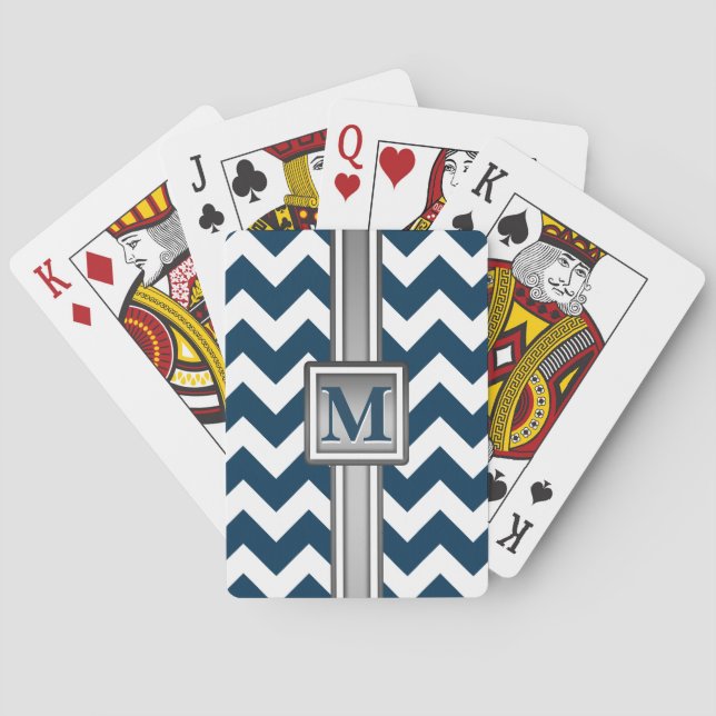 Modern Blue White Gray Mit Monogramm Zickzack Spielkarten (Rückseite)