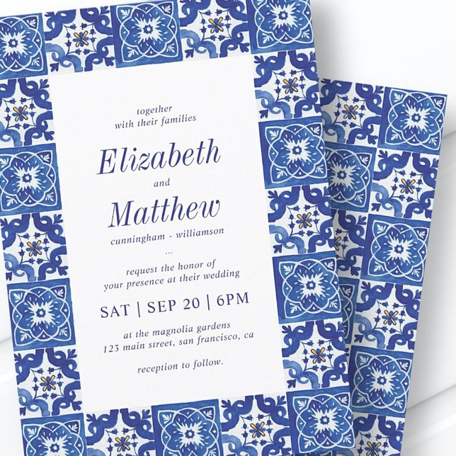 Modern Blue & White Mediterranean Tiles Wedding Einladung (Von Creator hochgeladen)