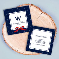 Modern Blue White Polka Dot Red Ribbon Monogram