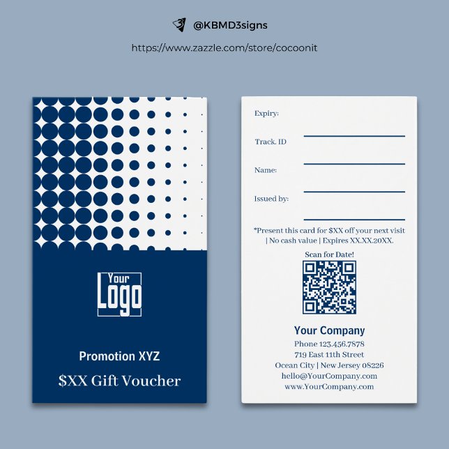 Modern Blue White Promotions Gutscheinkarte (Classic Blue White Promotional Gift Voucher Card, Profile Format, Logo, Track.ID., QR code, Terms)