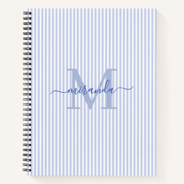 Modern Blue & White Stripes Monogram Name Notizbuch (Vorderseite)