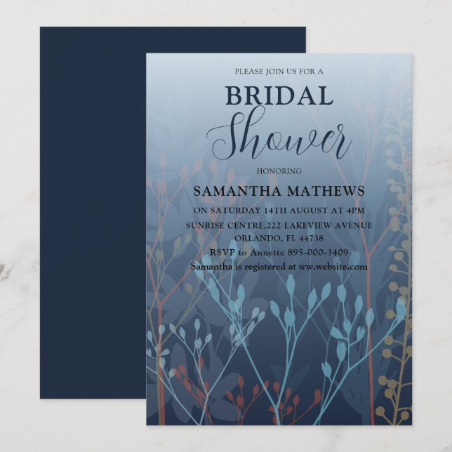Modern Blue Wild Grass Bridal Dusche Einladung (Vorne/Hinten)