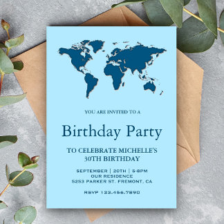Modern Blue World Map Birthday Party Einladung