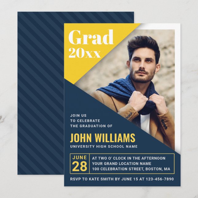 Modern Blue Yellow | Foto Graduation Party Einladung (Vorne/Hinten)
