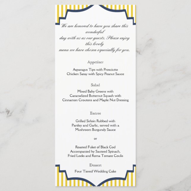 Modern Blue Yellow Stripe Wedding Menu Menükarte (Vorderseite)
