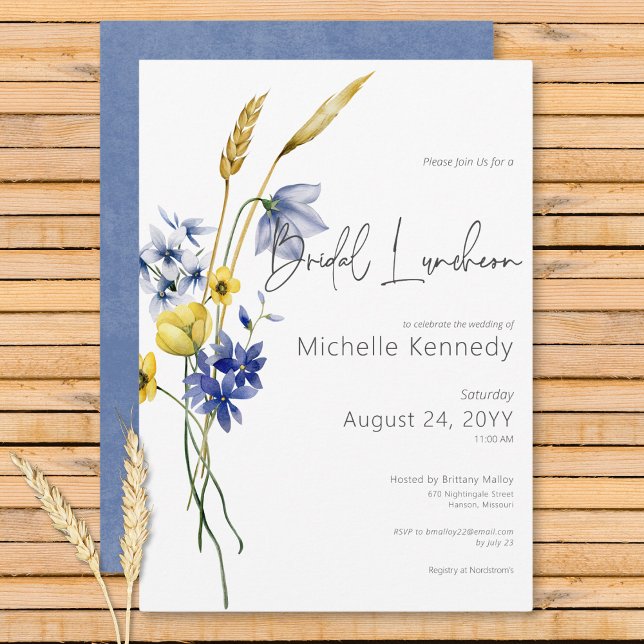Modern Blue & Yellow Wildblumen Bridal Luncheon Einladung (Modern Blue & Yellow Wildflowers Bridal Luncheon Invitation)