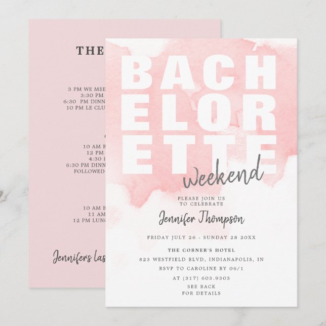 Modern Blush Bachelorette Wochenende Ausflug Einladung (Vorne/Hinten)