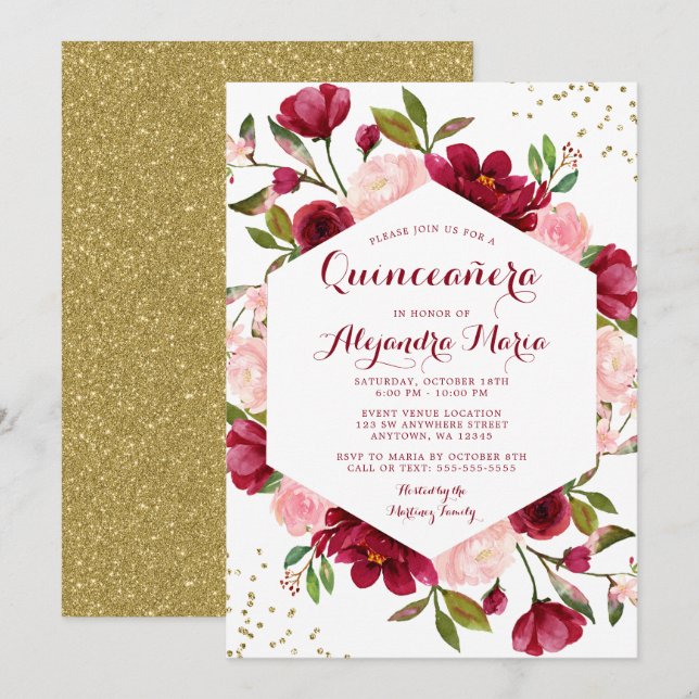 Modern Blush Burgundy Bloral Quinceanera Einladung (Vorne/Hinten)