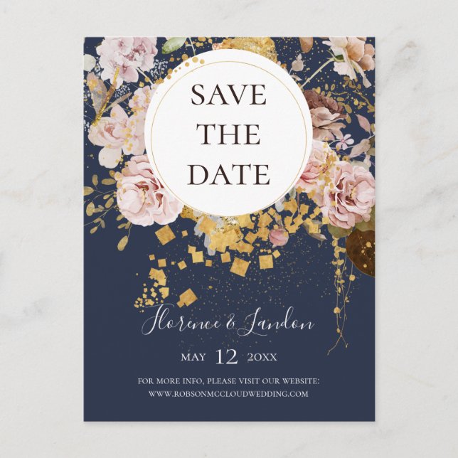 Modern Blush Floral Navy Save the Date Postkarte (Vorderseite)