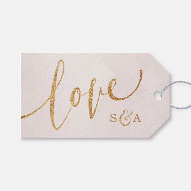Modern blush glitter rose gold with love monogram geschenkanhänger (Vorderseite (Horizontal))