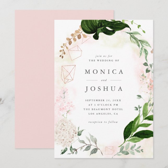 Modern Blush & Green Botanical Greenerie Hochzeit Einladung (Vorne/Hinten)