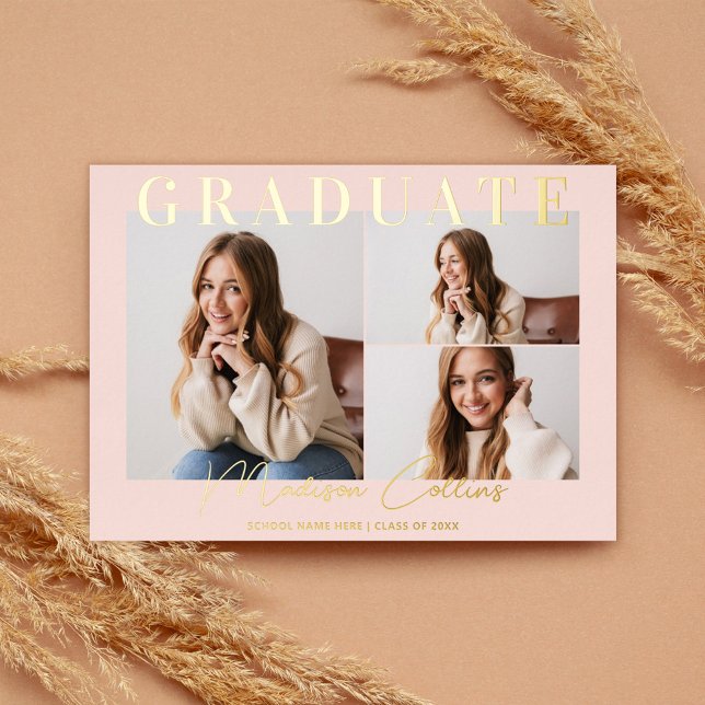 Modern Blush Pink 3 Foto Abschluss Gold Folieneinladung (Von Creator hochgeladen)