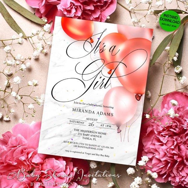 Modern Blush Pink Balloons Girl Baby Shower Einladung (Von Creator hochgeladen)