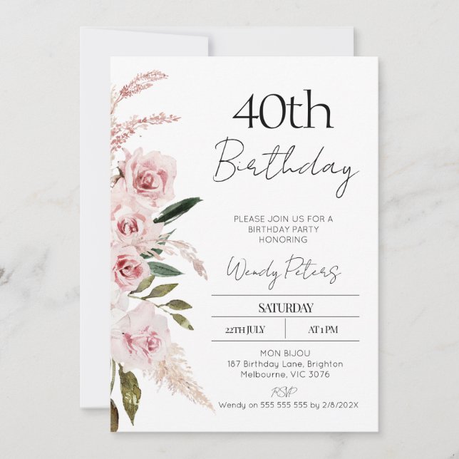 Modern Blush Pink Boho Floral Geburtstag Einladung (Vorderseite)
