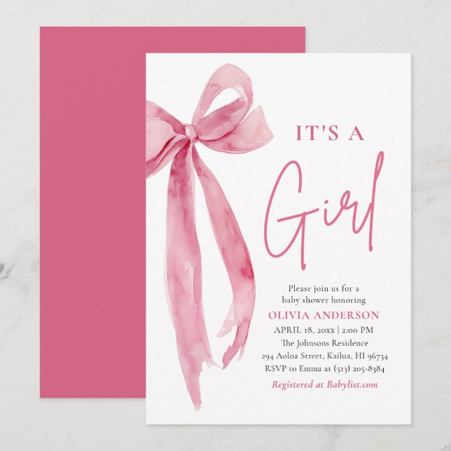 Modern Blush Pink Bow It's a Girl Baby Shower Einladung (Vorne/Hinten)