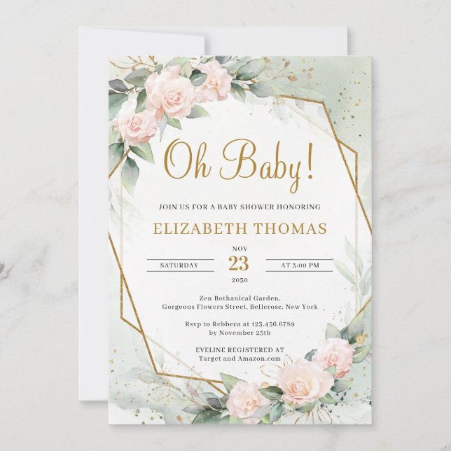 Modern Blush Pink Floral Green Gold Oh Baby Einladung (Vorderseite)