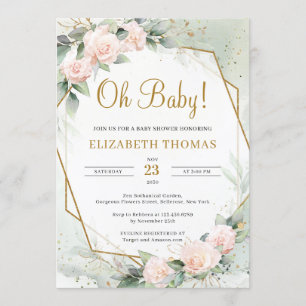 Modern Blush Pink Floral Green Gold Oh Baby Einladung