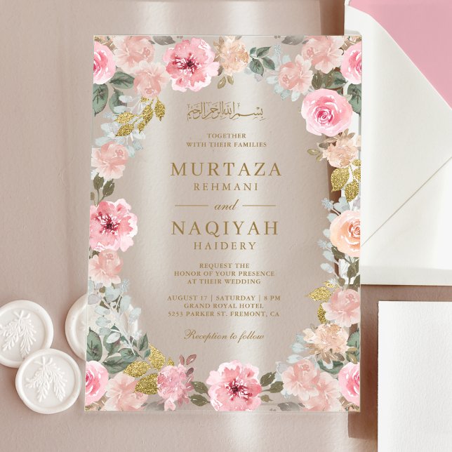 Modern Blush Pink Floral Islamic Muslim Wedding Acryleinladungen (Von Creator hochgeladen)