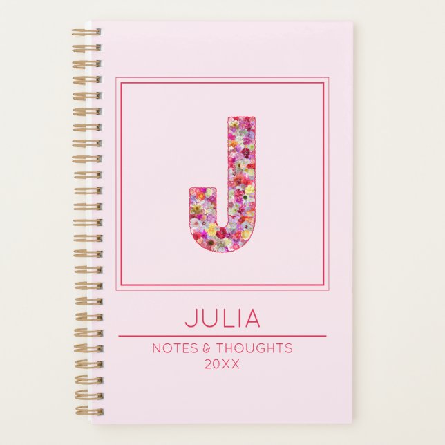 Modern Blush Pink Floral Monogram Letter J Planer (Vorderseite)