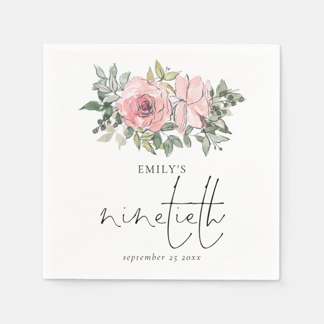 Modern Blush Pink Florals Ninetieth Birthday Serviette (Vorderseite)