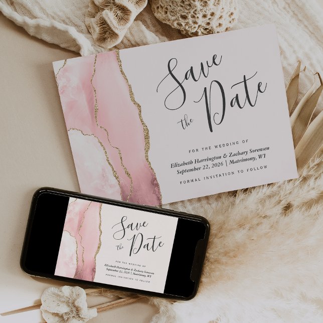 Modern Blush Pink Gold Agate Save the Date Karte (Von Creator hochgeladen)