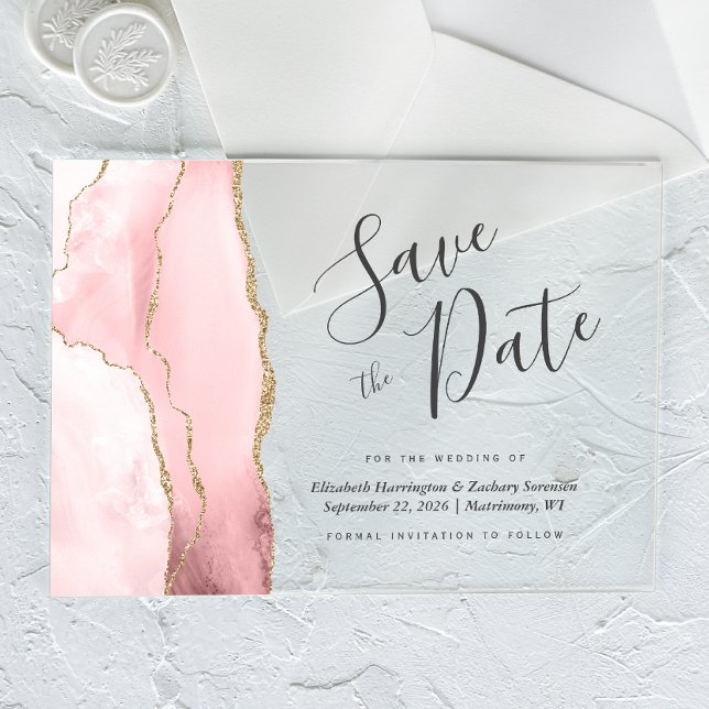 Modern Blush Pink Gold Agate Save the Date Karte Acryleinladungen (Von Creator hochgeladen)
