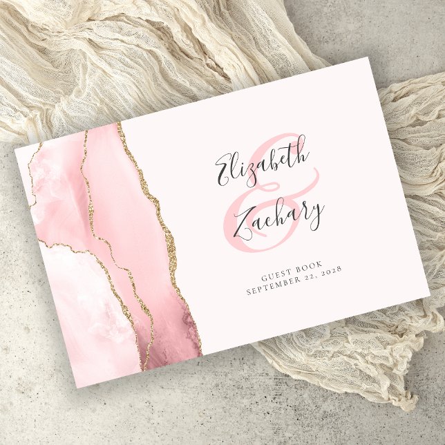 Modern Blush Pink Gold Agate Script Gästebuch (Von Creator hochgeladen)