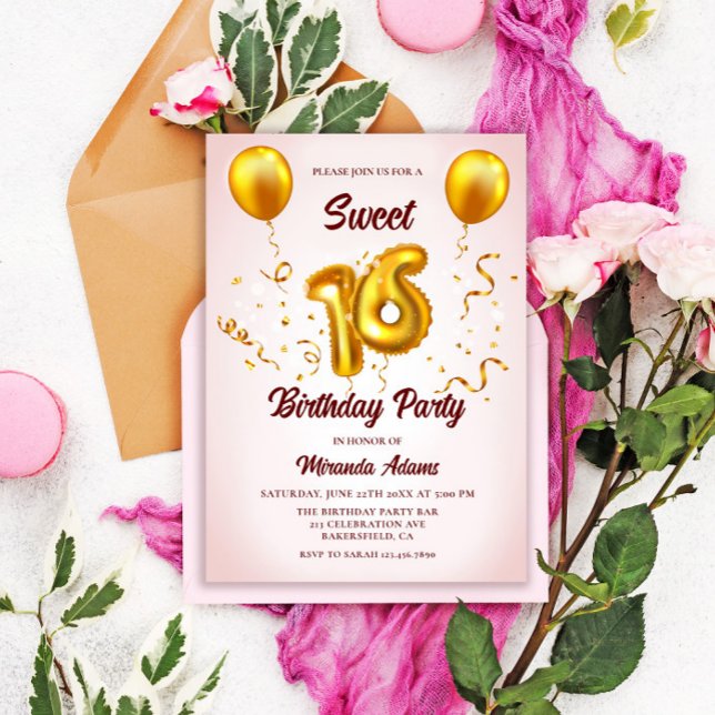 Modern Blush Pink Gold Glitzer Balloons Sweet 16 Einladung (Von Creator hochgeladen)