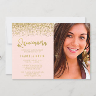 Modern Blush Pink Gold Glitzer Quinceanera Foto Einladung