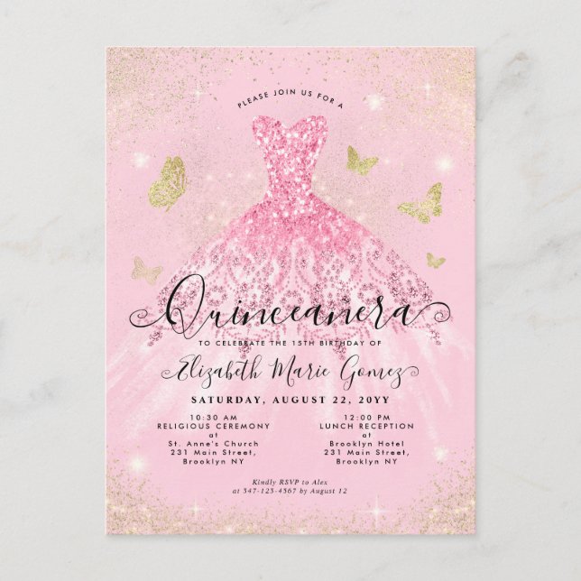 Modern Blush Pink Gold Glitzer Quinceanera Postkarte (Vorderseite)