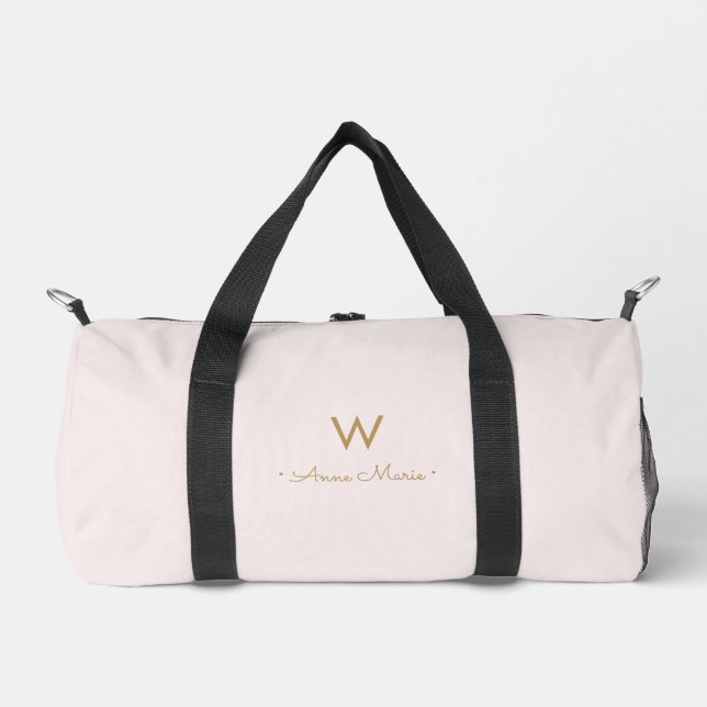 Modern Blush Pink Gold Script Monogram Duffle Bag (Vorderseite)