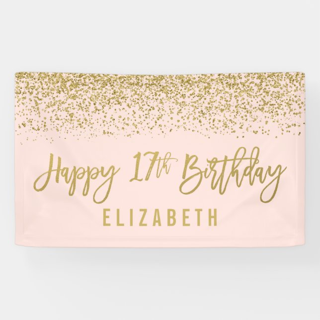 Modern Blush Pink Imitate Gold Glitzer 17. Geburts Banner (Horizontal)