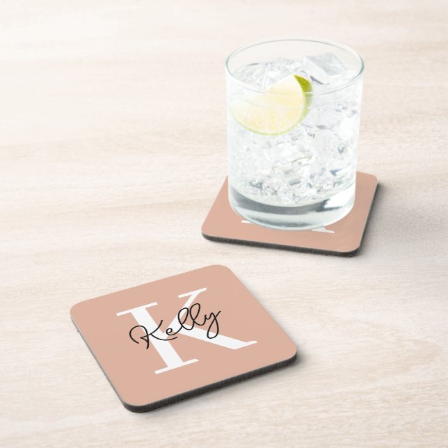Modern Blush Pink Monogram Script Getränkeuntersetzer (Rechte Seite)