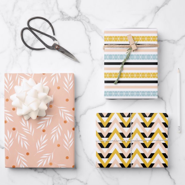 Modern Blush Pink Mustard Gelb Geometrie Muster Geschenkpapier Set (Vorderseite)