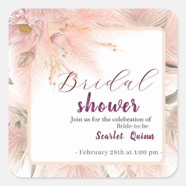 Modern blush pink pampas grass bridal brunch quadratischer aufkleber (Vorderseite)