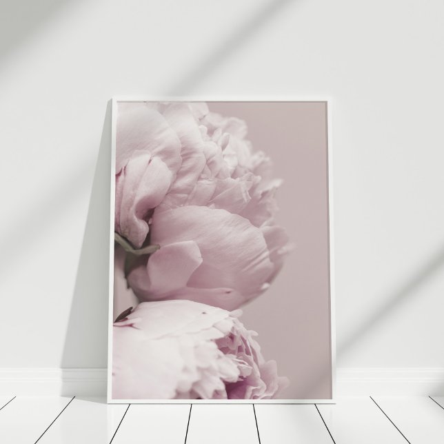 Modern Blush Pink Peony Foto Print Poster (Blush Dusty Pink Peony Print in white frame on wooden floor.)
