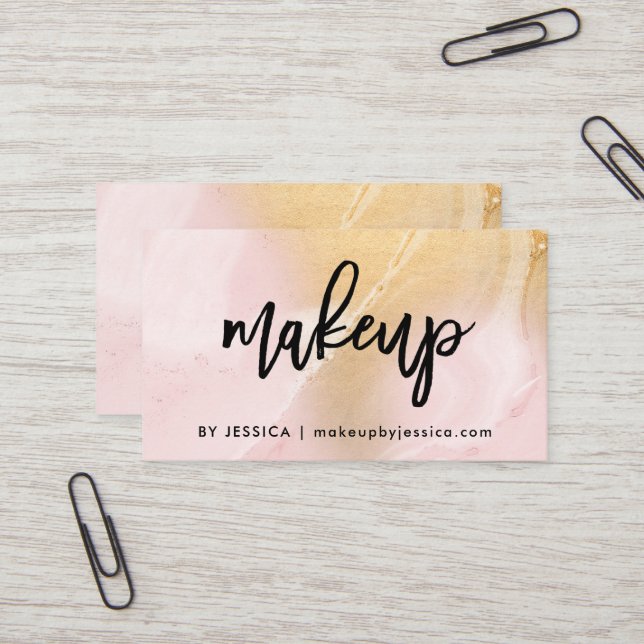 Modern Blush Pink und Imitats Gold Marmor | Makeup Visitenkarte (Vorderseite/Rückseite Beispiel)